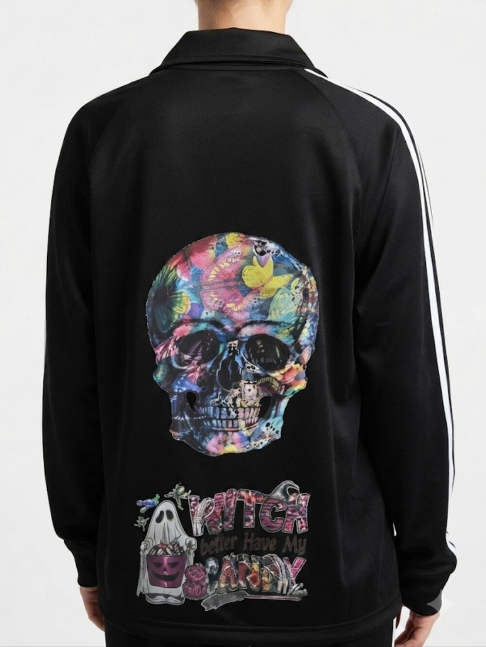 Upcycled Women's Unbranded Graphic Skull Zip-Up Sweatshirt, Black/White, Size M
